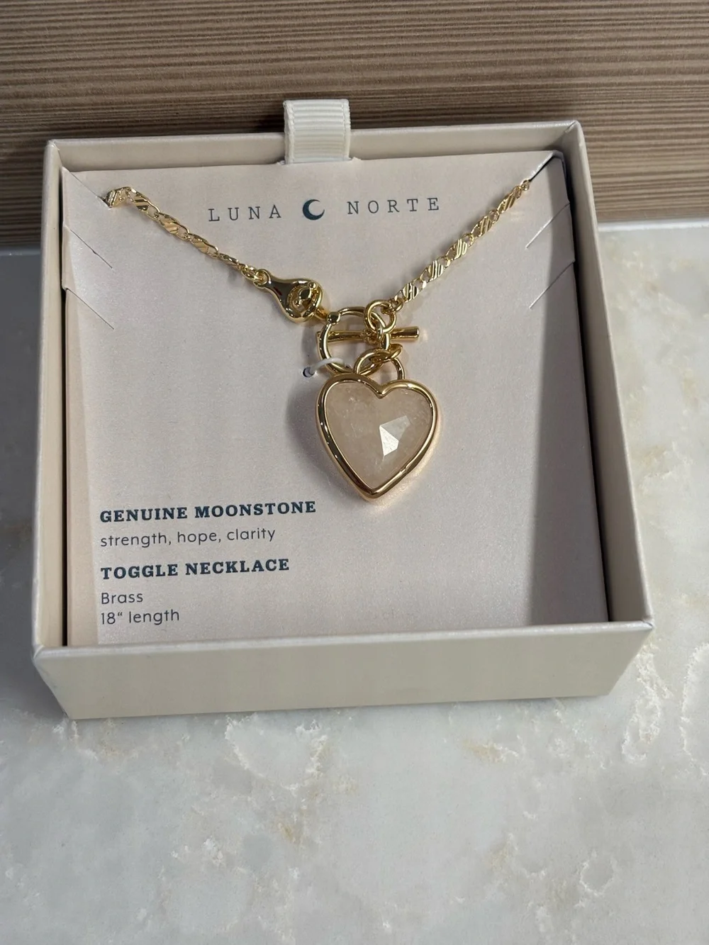 NIB Luna Norte Gold Heart Moonstone Toggle Necklace